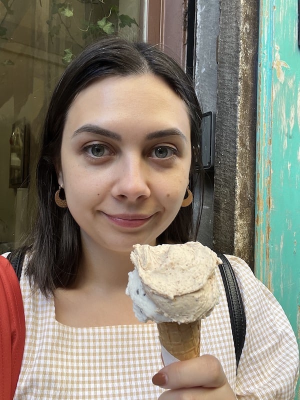 April Lavalle eating vegan gelato from La Gelateria in Florence, Italy