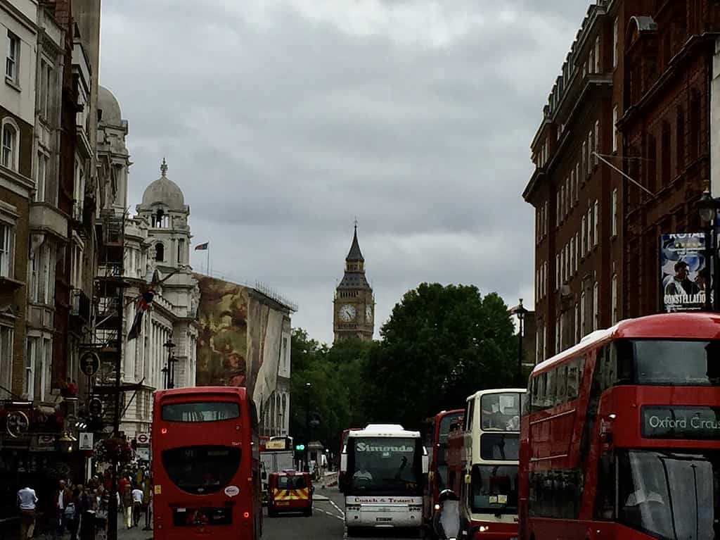 traffic in the streets of London including Big Ben
