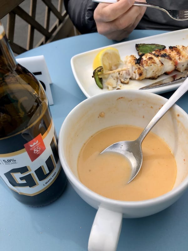 Gull Beer , lobster soup, and fish kebob at Sea Baron