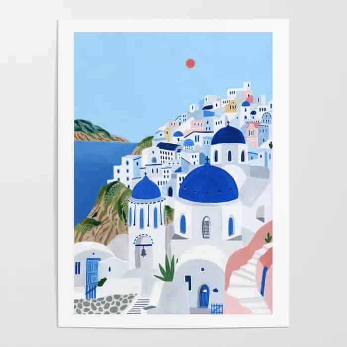 poster of blue and white homes in santorini greece