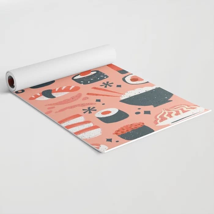 Coral-colored Yoga Mat with a sushi design