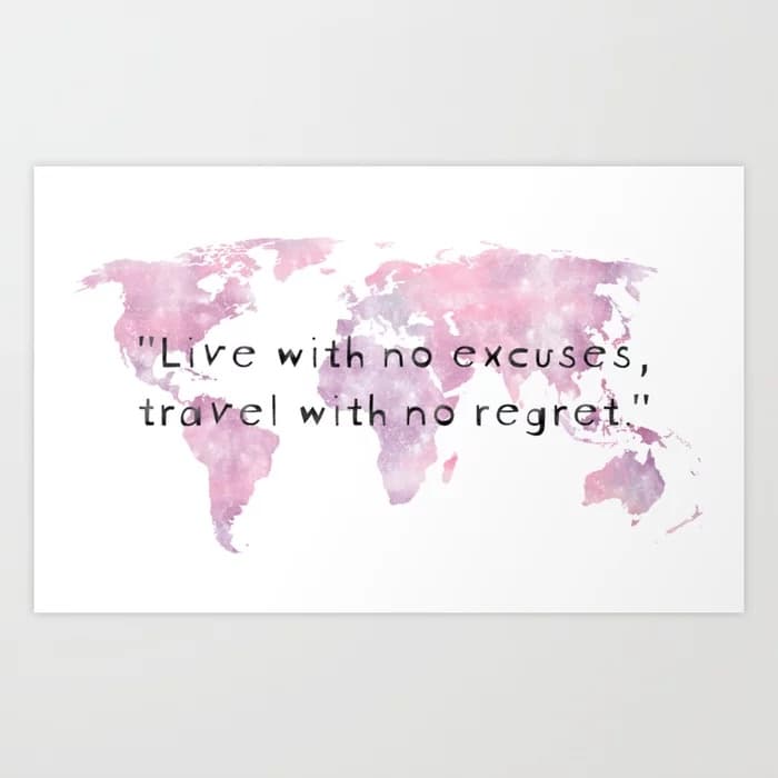world make created with purple watercolor. quote : travel without regret
